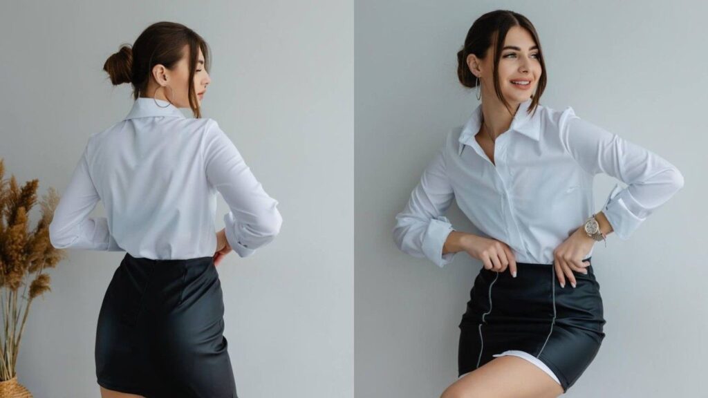 Black Leather Skirt with a White Blouse